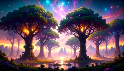Colorful fantasy landscape with luminous trees