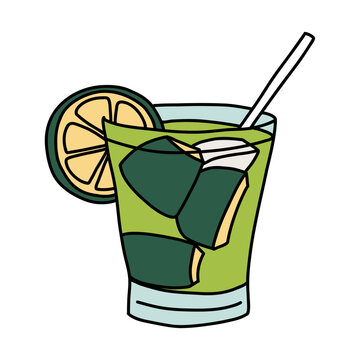 Mojito With Mint Leaves Fresh Cocktail Glass with Lemon Ice and Straw