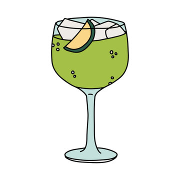 Cup of Fresh Lemon Cocktail Glass with Ice and Bubbles