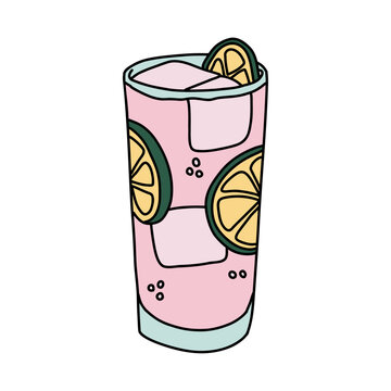 Vector Hand Drawn Icon of Fresh Pink Lemonade Cocktail Glass with Ice and Bubbles