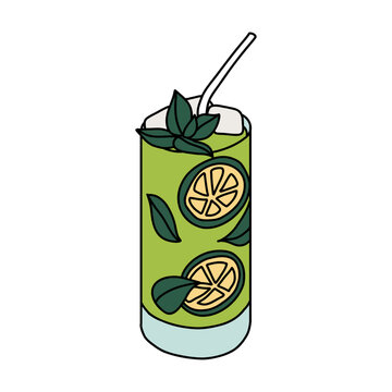 Lemonade With Mint Leaves Fresh Cocktail Glass with Ice and Straw