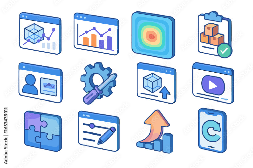 Poster shopping platform icon chart replay performance analytics augmented tools session tracker gear