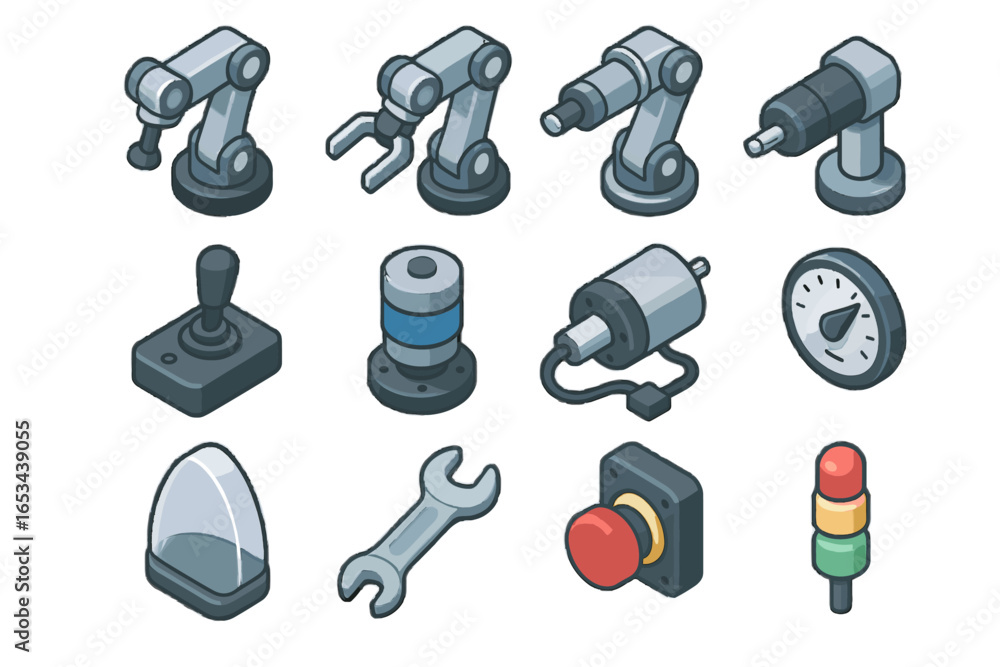 Poster lights precision vector robotics arm telepresence maintenance icons shield stop indicator icon