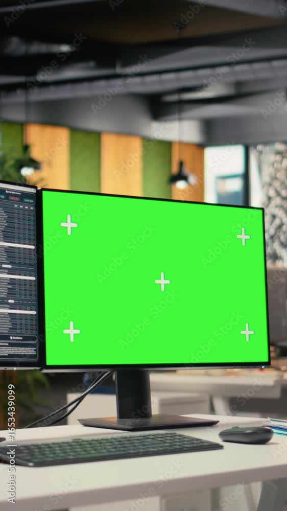 Poster vertical video stock market metrics charts displayed on green screen computer display in investment 