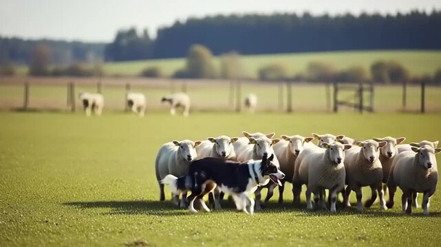 Intelligent Border Collie herding a large flock of sheep, a vibrant motion scene of rural life and traditional farming.