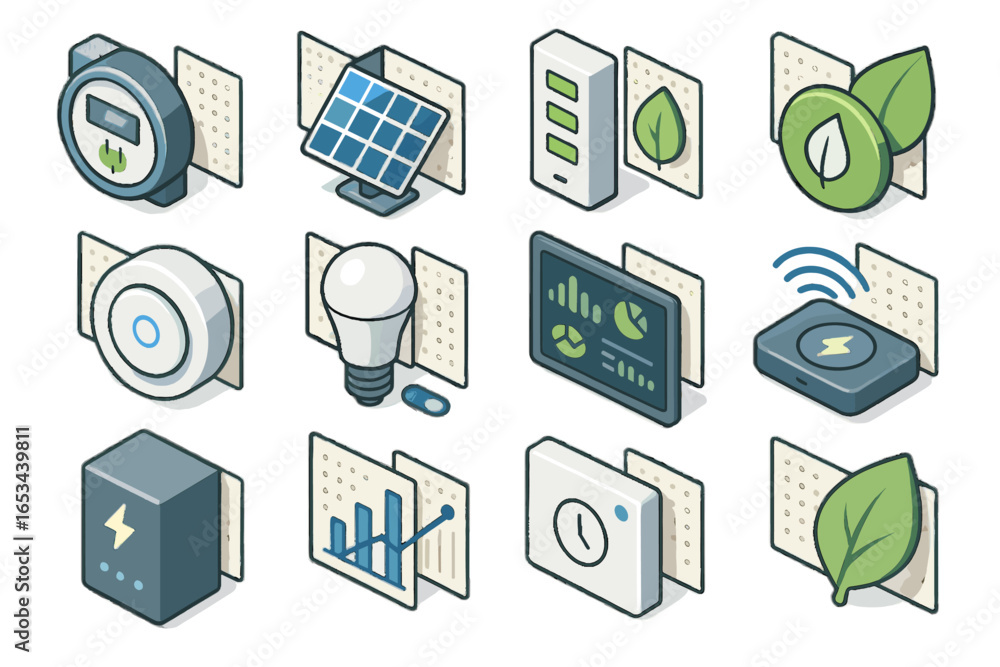 Poster smart led energy lighting storage panel device integration dashboard vector icon mode