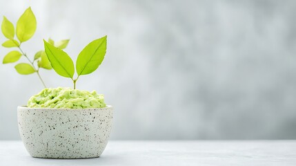 Small green plant growing in a textured pot against a light gray background