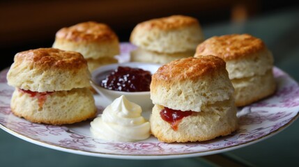Freshly Baked Scones with Jam and Cream on Floral Plate