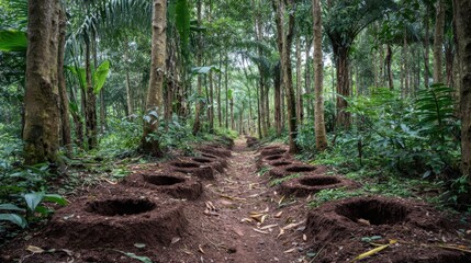 Abandoned Soil Pits in Lush Rainforest Environment Surrounded by Tall Green Trees and Dense Vegetation in Tropical Wilderness