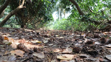 Obraz premium Tranquil Forest Pathway Surrounded by Lush Green Foliage and Fallen Leaves, Capturing Nature's Beauty in a Serene Environment