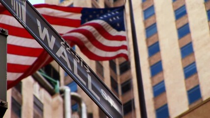 business background Wall Street sign in lower Manhattan New York, USA with american flag us states concept Wall street corner Broad - Powered by Adobe
