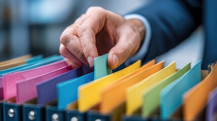 Professional Hand Organizing Colorful Document Files in Office Environment for Efficient Workflow and Business Management