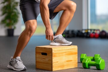 Fit man performing step-up exercise on a wooden plyometric box in a gym