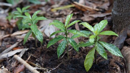 Obraz premium Lush Green Seedlings Emerging from Rich Soil in a Natural Forest Environment, Symbolizing Growth and Renewal in the Heart of Nature's Ecosystem