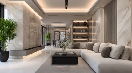 Fototapeta premium Modern interior design of cozy living room featuring elegant marble walls, stylish furniture, warm lighting, and lush green plants that enhance contemporary aesthetics.