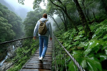 Man walking on a wooden bridge through a lush, misty green forest.