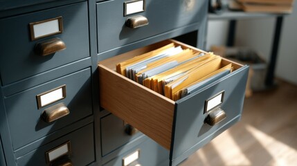 Vintage Wooden Filing Cabinet with Open Drawer Containing Organized Yellow Files, Bright Room and Soft Morning Light Highlighting Office Workspace