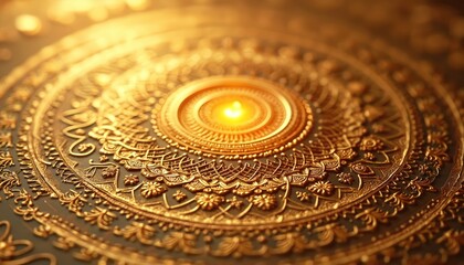 Obraz premium Intricate golden mandala with circular ornamental geometric pattern. Warm glowing light emanates from central sun motif. Decorative ethnic design features repeating elements, conveying luxury,