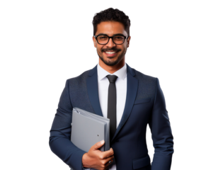 Business executive holding a presentation folder, white background