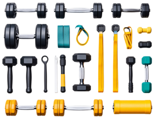 Dumbbells and resistance bands neatly arranged, white backgroun