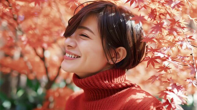 Beautiful asian woman smiling in autumn leaves portrait short hair fall season photography happy girl photo