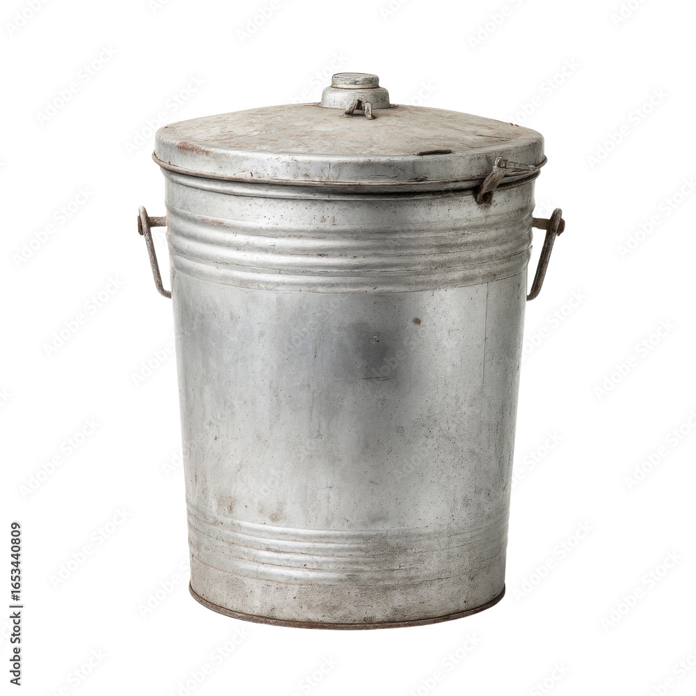 Poster vintage metal trash can with lid, featuring rustic design and handles for easy carrying. this contai