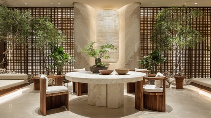 Fototapeta premium Elegant Interior Design of Modern Restaurant with Natural Elements, Serene Ambiance, and Stylish Furniture in a Contemporary Space Featuring Indoor Plants