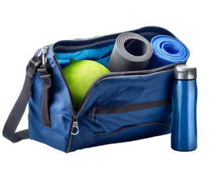 Gym bag with zipper open showing gear, white background