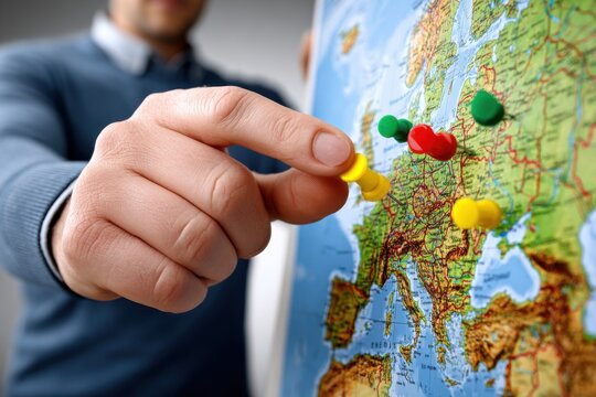 Close-up of a hand placing a yellow pushpin on a detailed map for travel planning.