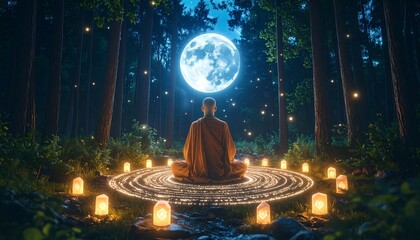 Monk meditating in a mystical forest at night under a full moon (1)