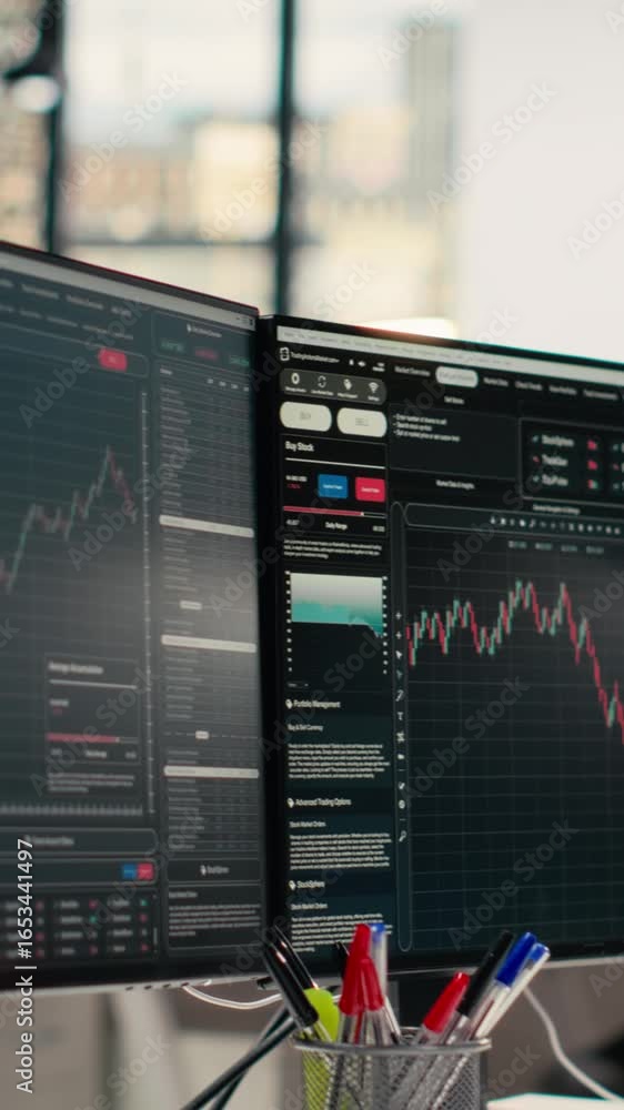 Poster vertical video stock exchange metrics insights displayed on computer screens in hedge fund business 