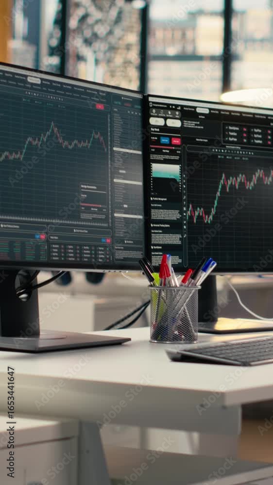 Poster vertical video trading platform on screens used by financial professionals tracking stock market act