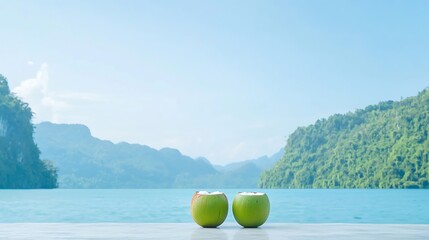 Two green apples on a table with a scenic tropical bay background