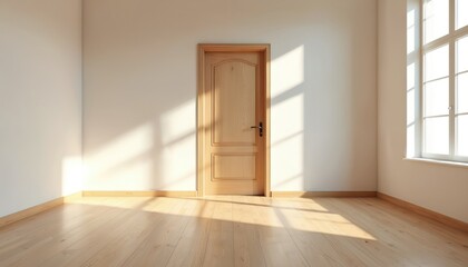 Fototapeta premium Empty room with light wood floor, white walls. Bright natural light streams through large window casting geometric shadows across space. Single wooden door stands slightly ajar, inviting entry into