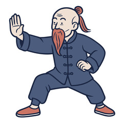 Cartoon Kung Fu Master in Traditional Martial Arts Pose with Long Beard and Chinese Outfit