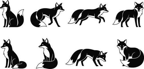 Obraz premium A collection of eight black and white illustrations of foxes in various poses, including sitting, standing, running, and crouching.
