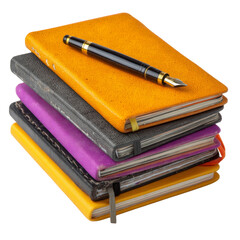 Colorful notebooks stacked with fountain pen on top, perfect for writing and creativity. Ideal for students, professionals, or anyone who loves journaling