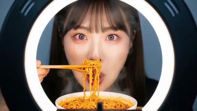 Emotional eating: A young woman tearfully enjoys spicy noodles under ring light while streaming