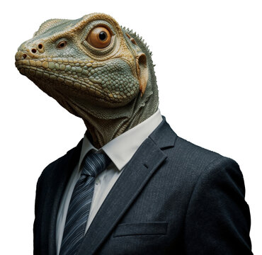 Realistic digital illustration of a humanoid reptilian creature wearing a black business suit and tie, isolated on a transparent background. Concept art for conspiracy theories, sci-fi.