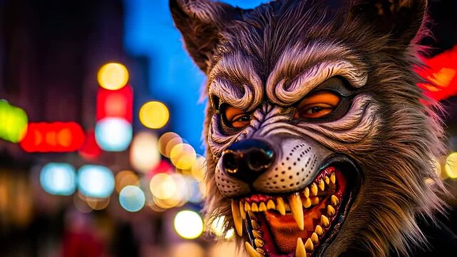 Closeup of an angry werewolf mask with sharp teeth against a bokeh city backdrop