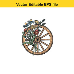 Fototapeta premium Wooden wagon wheel with a bouquet of wildflowers, isolated on white background