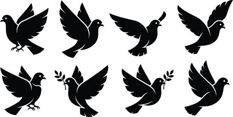 Fototapeta premium Silhouetted doves in flight, some carrying olive branches, symbolizing peace and hope.