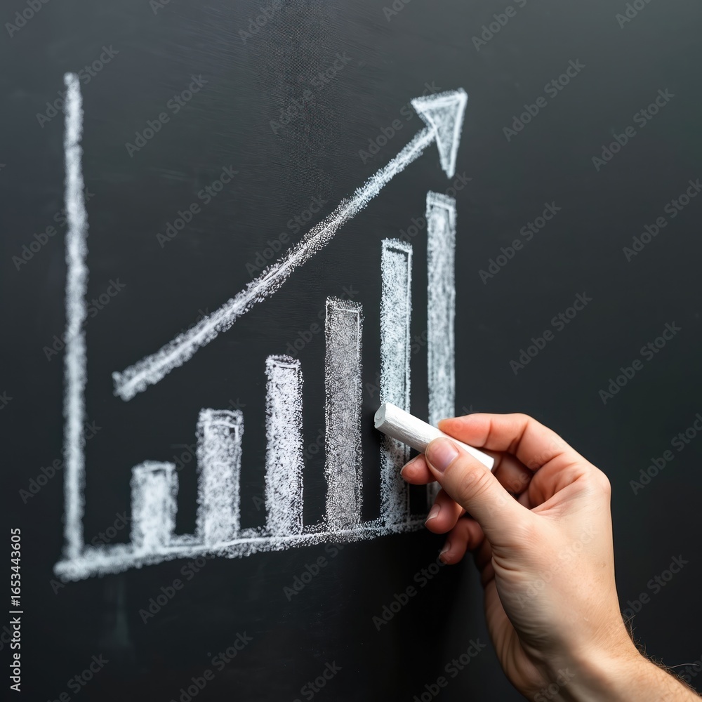 Poster hand draws growth graph on blackboard with chalk. white chalk lines create upward trend graph with n