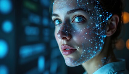 Digital face overlay with blue glowing network points, lines. Woman eyes, features illuminated by futuristic technology. Cyber security concept, data connection, AI analysis, virtual reality