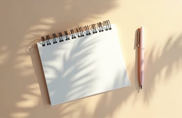 Blank spiral notebook with pen sits on cream background. Natural shadows from palm leaves create creative workspace aesthetic. Ideal for planning, journaling, office use, minimalist stationery mockup