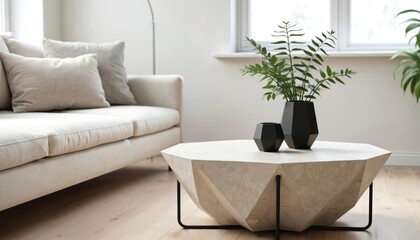 Modern minimalist living room features geometric granite coffee table with angular legs. Textured neutral sofa complements stone surface. Black faceted vases with green plants add natural contrast.