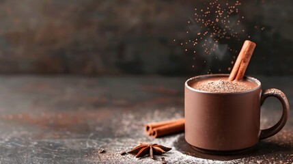 Cozy hot chocolate with cinnamon and star anise on a rustic surface