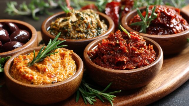 Mediterranean Appetizers: Tapenades and Dips on Wood