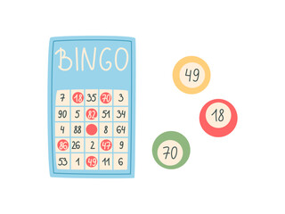 Flat bingo card with colorful counters. Cartoon style piece for family boardgame. Fun and engaging table game for players, combining activity and recreation. Bright playful concept leisure, boardgame