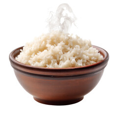 Steaming bowl of white rice in clay dish, perfect for meals. fluffy texture and warm steam create comforting atmosphere